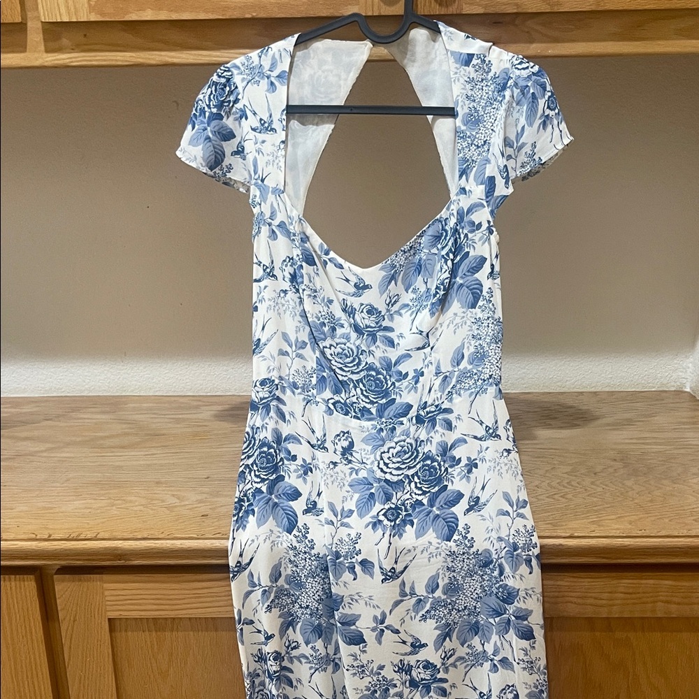 Reformation Blue and White Backless Dress
